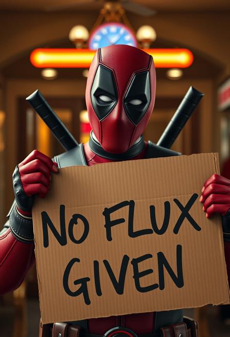 Deadpool, holding a cardboard poster with written text "NO FLUX GIVEN", cinematic, 4k, wide-angle