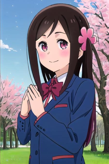 (8k:1.0), masterpiece, hitoribocchi no marumaru seikatsu anime lineart, hitoribocchi no marumaru seikatsu anime colors,

bocchi hitori, (nice_hands:1.2), perfect scenery, perfect anatomy, (perfect body:1.2), perfect face, (perfect_hands:1.2), (perfect_fingers:1.2), happy face, blushing, closed mouth, red cheeks, standing in the park, grassground, sakura trees, sunset sky, city on background, sky full of stars, front view, view from front, (looking at viewer), upper body,

1girl, solo, bocchi hitori, long hair, dark brown hair, bangs, one side up, hair flower, pink eyes, blue blazer, long sleeves, white colar, red bowtie, long grey skirt, black socks, white and red uwabaki, bocchi