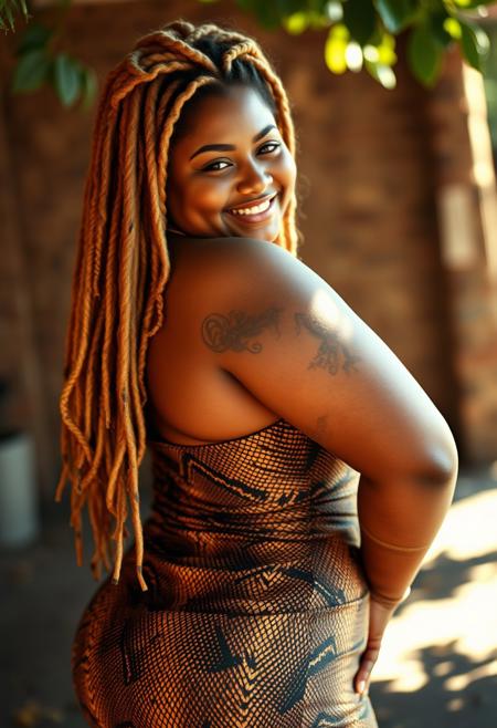 High resolution scan, Stunning, A beautiful young feminine, chubby, (biracial) ((1girl)), wearing a ((snakeskin dress)), with nappy blonde ((dreadlocks)), ((wide hips)), ((thick thighs)), ((big titties)), posing for the camera, smiling, candid photo journalism, sharp bokeh uhd, gritty realistic, warm dappled lighting, in focus low depth of field, 16mm film quality with grain, pantone analog style, Dramatic backlighting, Rim lighting, perfect color tones, (imperfect skin quality), skin blemishes, freckles and skin pores, sharp fine details, Extremely detailed, slight sweat on skin