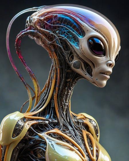 beautiful bioengineered alien creature with semi-transparent shiny skin, (detailed cybernetic implants fused with organic matter:0.5), (full body:1.8), sharp focus, (smoky background with intensely vibrant swirling colors:1.7), realistic photo, <lora:add-detail-xl:1.0>