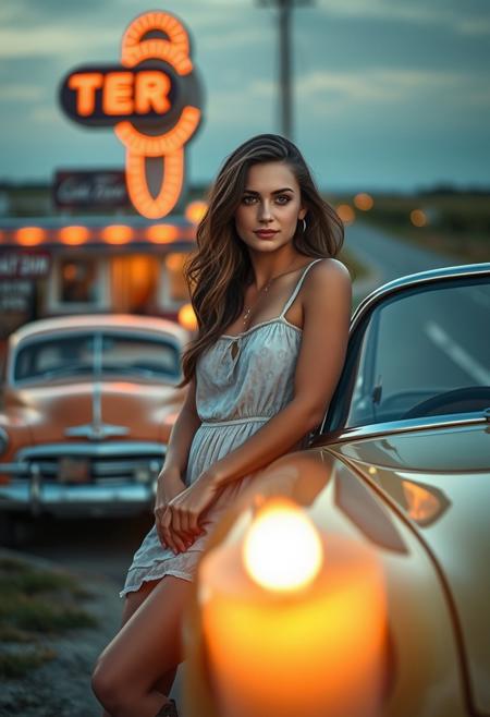 An ultra-HD photorealistic image with a blurred bokeh effect, showcasing a young woman with fair skin, wearing a sundress and cowboy boots, leaning against a vintage car. The scene is bathed in warm candlelight. The background shows a classic American small town with a diner, road, and fields, sharply focused subject with a soft background.