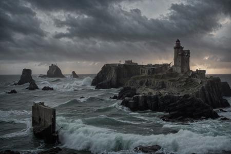 a movie still of a landscape, 
the (ruins:1.2) of an old lighthouse on the edge of a cliff above the stormy sea, (giantic waves:1.2) breaking on the cliff, the spray sprays up to the lighthouse,
cinematic,  night scene, gloomy, dark, scary, master piece, dark dramatic light, dramatic sky, dark clouds, ultra detailed, ultra high quality, sharp focus, 8k uhd, dslr, dark lighting, high quality,  low angle shot, 50mm f1.4, film grain, fujifilm xt3, by  Andrei Tarkovsky  <lora:XSArchi_01:0.8>