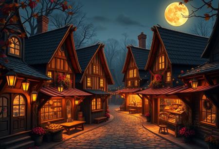 The image should feature intricate details of the witch village's wooden cottages, cobblestone streets, and vibrant market stalls, all bathed in warm moonlight. The style should evoke a sense of whimsy and mysticis. A muted color palette with earthy tones such as sienna, umber, and golden yellow should prevail, punctuated by pops of rich berry hues and soft blues to convey the magic of the night. 
Soft focus lighting with gentle shadows should create a cozy atmosphere, while subtle hints of lantern light and fireflies dancing in the darkness add depth. The mood should be enchanting and inviting, with an undercurrent of mysticism and wonder. 
The time is late autumn, around 8 pm on a crisp evening, with leaves still clinging to trees as night falls. The weather is calm and clear, with a hint of mist swirling through the streets. The season should be palpable in the falling foliage and the scent of woodsmoke wafting from chimneys. A medieval-inspired time period should prevail, with the witches' cottages adorned with ancient symbols and mysterious artifacts. 
Materials such as natural fibers, wood, and earthy stones should dominate the scene, with an emphasis on texture and pattern. Brushstrokes should be expressive and loose, reminiscent of traditional watercolor techniques. The medium should be a mix of digital painting and traditional media, blended to create a dreamlike quality.