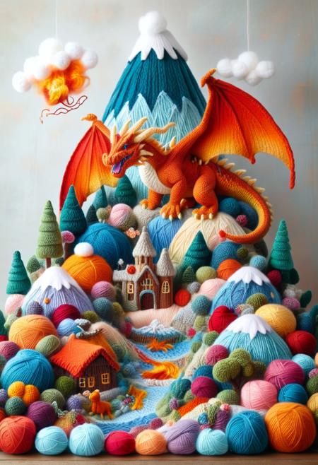 A massive dragon, but instead of scales, itâs covered in intricately woven yarn, breathing fire made of unraveling threads, flying over a knitted mountain landscape â yrnwrld, fantasy, highly detailed, soft textures <lora:sd_xl_dpo_lora_v1:0.1> <lora:MJ52:0.1> <lora:Yarnworld-000017:1.0>