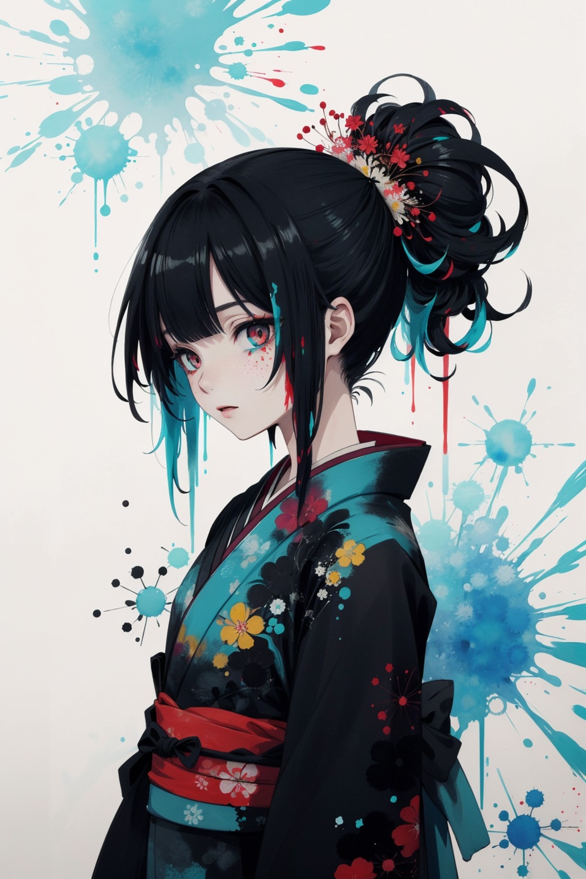 masterpiece, best quality, 1 girl, kimono, (lycoris flower) in hair, highly detailed, high definition, hair up, (aqua ink ...