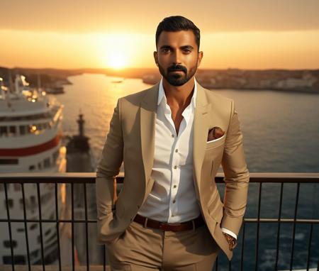 Nautical-themed (Photo:1.3) of (Ultrarealistic:1.3) <lora:Man_Men_FFashion:1> lowery david a man <lora:KL-Rahul_Lowery-David:1> in a tan suit standing on a balcony, sun behind him, inspired by Pablo Munoz Gomez, shot at golden hour, editorial photograph, midshot of a hunky, by Roman Bezpalkiv, by Artur Tarnowski, maxim sukharev, by Gabor Szikszai,Highly Detailed,(Mono Color:1.3) . Sea, ocean, ships, maritime, beach, marine life, highly detailed