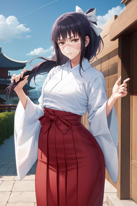 IoriCD1, 1girl, solo, long hair, solo, black hair, bow, japanese clothes, hair bow, miko, looking at viewer, cowboy shot, scar, skirt, hakama, red hakama, brown eyes, closed mouth, hakama skirt, scar on face, bangs, wide sleeves, cowboy shot, long sleeves, ribbon, standing, hair ribbon, ponytail, white bow, scar on nose, half updo, outdoors, sky, clouds, day, buildings, pagoda, blue sky, bamboo, <lora:IoriCD1:0.8>
BREAK
masterpiece, best quality, highly detailed background, perfect lightingbest quality, ((shiny skin, glossy skin, detailed skin))