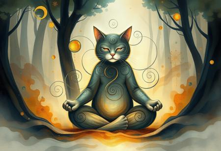 masterpiece, best quality, Fusion of spirituality and abstraction, blending serenity with fluid, dreamlike aesthetics. A serene cat meditating in a lotus pose, surrounded by abstract and swirling forms., Forest-like background with flowing, organic shapes that merge natural elements with the surreal. Hints of trees, leaves, and an ethereal glow., cat’s fur is textured with intricate, spiral-like curls that echo the abstract swirling forms around him.fur transitions seamlessly into the surrounding patterns, blending the physical with the ethereal, Subtle highlights of gold and deep blue shimmer through the fur, symbolizing enlightenment and energy. ,Swirling lines and layered textures radiating outward from the cat, - Flowing organic forms intertwined with scattered geometric shapes. - Gentle pastel chalk-like strokes and painterly accents. - Abstract symbols blending reality with surrealism, evoking the inner mind. - **Mood:** Calm, contemplative, and introspective with a sense of gentle chaos. - **Details:** - cats’s black fur flow into the abstract forms, dissolving into the dreamlike space. - Subtle glowing aura around the cat, emphasizing spiritual energy. - A mix of pastel tones (blues, greens, soft oranges) with occasional vibrant accents to highlight focal areas. - **Impression:** - Evokes a sense of imagination and introspection. - Combines elements of spirituality with whimsical and painterly abstraction.