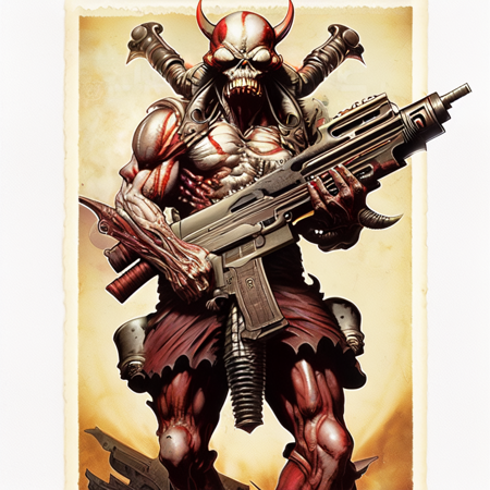 3 photo, demonic looking demon holding a machine gun in one hand (martianwarlord:1)