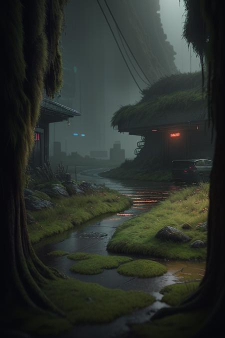 (detailed), 3d render, filmgrain, blade runner 2049, landscape, moss