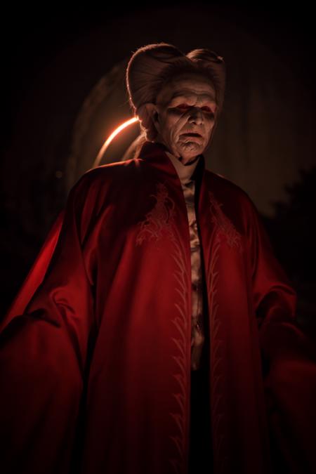 drakul,red robe,castle background,transilavnia,gothic,dark,bokeh,(at night:1.2),night,dimly lit,(frontal full body shot:1.1)