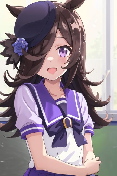 <lora:RiceShower_v21:0.80>,<lora:animeScreencapStyle_v230epochs:0.40>,(rice shower \(umamusume\)),(masterpiece),illustration,brown dark hair,long hair,purple eyes,swept bangs,long bangs,long hair,small breast,hair covers right eye, school uniform, smile, open mouth, classroom, upper body, looking at viewer, school