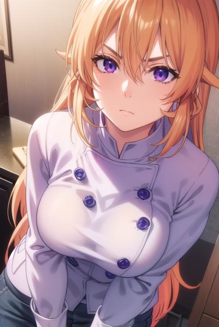 erinanakiri, <lora:erina nakiri s1-lora-nochekaiser:1>,
erina nakiri, long hair, orange hair, (purple eyes:1.1), hair between eyes, frown, angry,
BREAK pants, white pants, chef, long sleeves, sleeves rolled up,
BREAK indoors, kitchen,
BREAK looking at viewer, (cowboy shot:1.5),
BREAK <lyco:GoodHands-beta2:1>, (masterpiece:1.2), best quality, high resolution, unity 8k wallpaper, (illustration:0.8), (beautiful detailed eyes:1.6), extremely detailed face, perfect lighting, extremely detailed CG, (perfect hands, perfect anatomy),