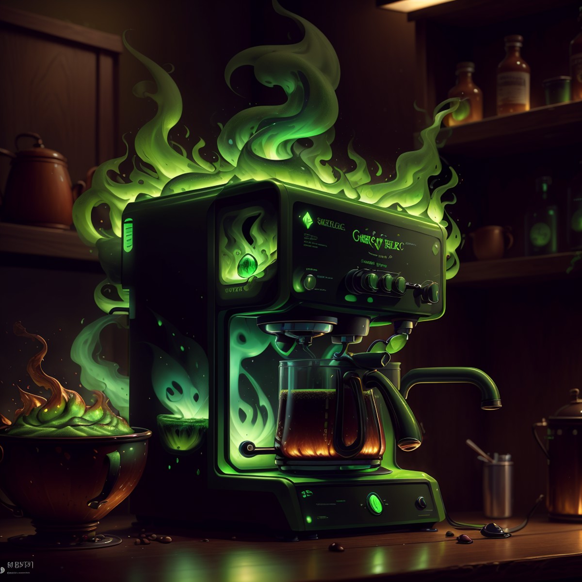 masterpiece, absurdres, extremely detailed,  <lora:MadeOfFireAI:0.6>, madeoffireai, green fire ,coffee machine, day, volum...