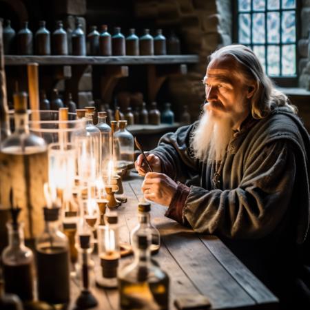 highly detailed analog photo of lab assistant working in a medieval laboratory,

solo, long hair, white hair, 1boy, male focus, indoors, window, facial hair, bottle, beard, mustache, old, old man, blue eyes, cape, cross, food, quill,  (realistic:1.3), (medieval laboratory:1.1), (professional lighting:1.2)

masterpiece, best quality, 8k,
motion blur, intricate details, depth of field,

(analogue photography:1.1),
(shadow play:1.4),



