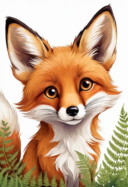 A small, cartoon-like, illustrated, charming fox named Fern with soft, reddish-brown fur, a bushy white-tipped tail, and curious, wide amber eyes. Fern has a gentle, kind expression, with his ears perked up in attention.