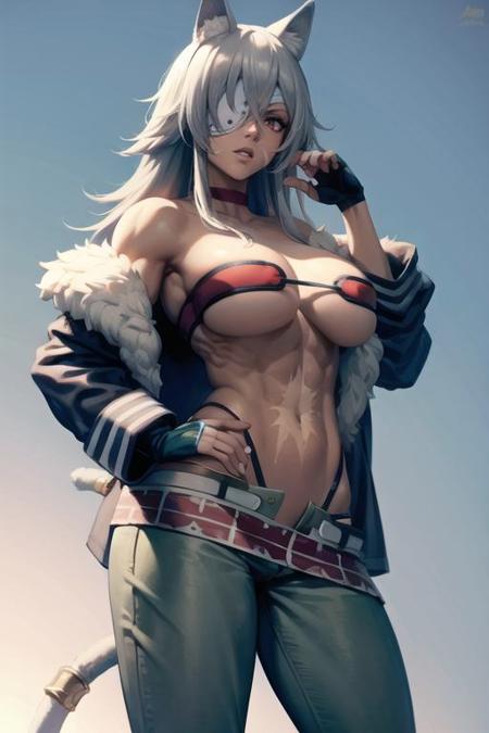 Ghislaine_aiwaifu,muscular female,long hair,dark skin,dark-skinned female,animal ears,eyepatch,grey hair,scar,scar on face,scar on cheek,choker,cat ears,animal ear fluff,large breasts,one-eyed,red eyes,bangs,hair between eyes,red choker,collarbone,sidelocks,scar on stomach,bandeau,fur trim,jacket,bare shoulders,fur-trimmed jacket,scar on stomach,cleavage,off shoulder,black jacket,muscular,navel,abs,pants,highleg panties,underboob,green pants,tail,belt,long sleeves,open belt,sheath,open pants,bridal gauntlets,cat tail,sheathed,obliques,open clothes,tail ring,groin,gloves,open jacket,covered nipples,open fly, masterpiece,best quality,ultra detailed, 8k, 4k,highly detailed, scenery,pose,solo,
