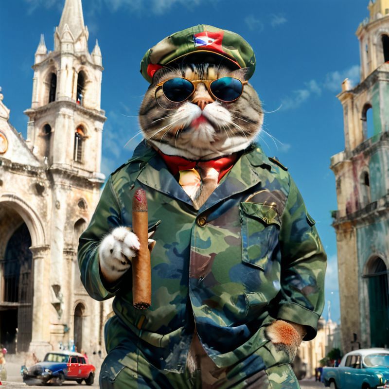 A cat in a military uniform holding a cigar.