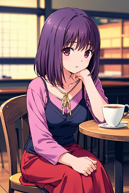 highres, 1girl, mature female, 
looking at viewer,  sitting, chair, table, head rest, hand on own cheek,relax,
natsumi rikako,medium hair, medium breasts, 
camisole,purple shirt,yellow ribbon,long skirt,
cup on table,window, day,cafe,indoors, blurry background,
<lora:natsumi rikako_v2_lora:0.8>