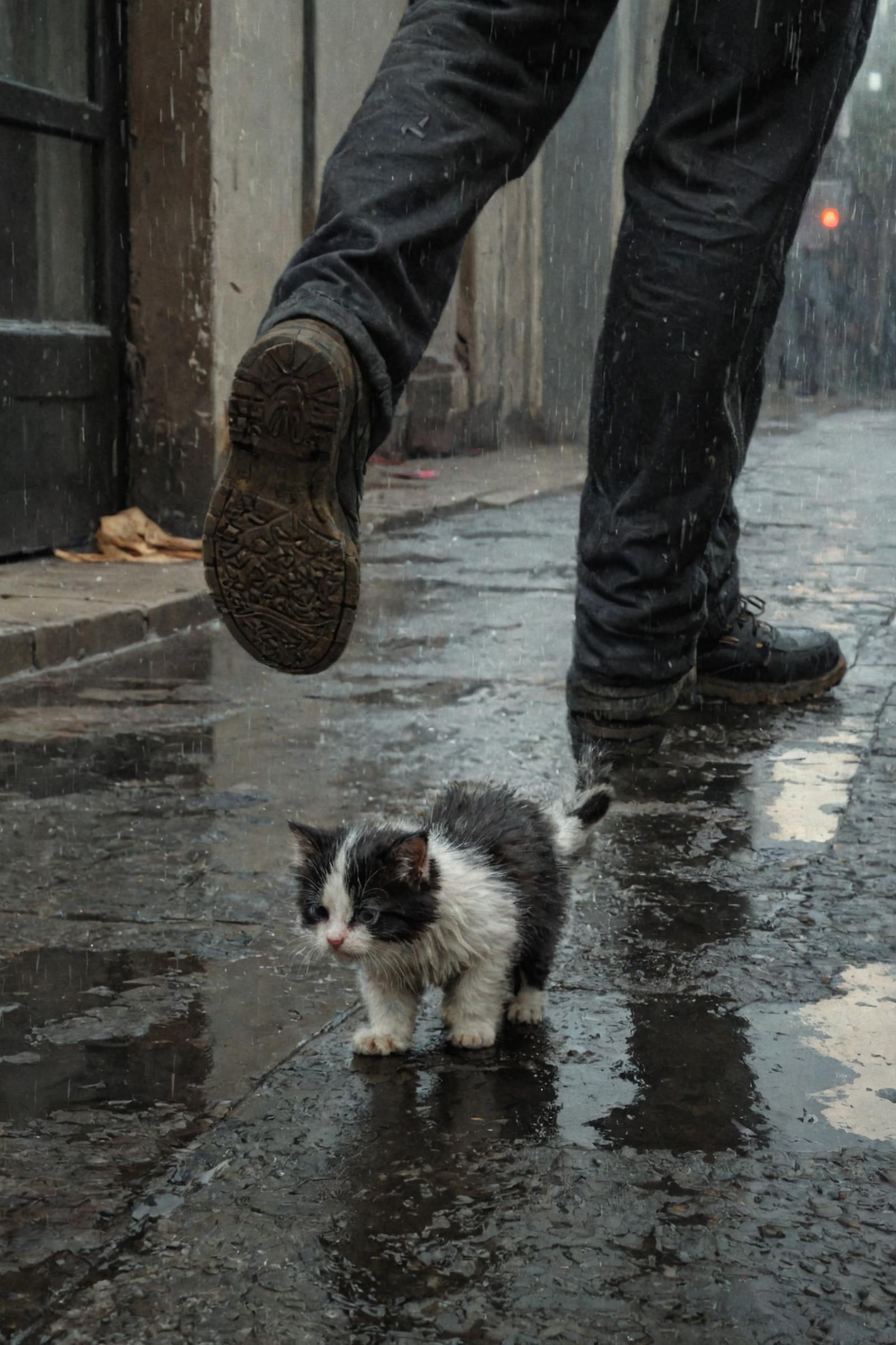 A person wearing black boots is standing over a small black and white kitten, who is looking up at them. The kitten is located on the ground, possibly in the rain, as it appears to be wet. The person is also holding a book in their hand.