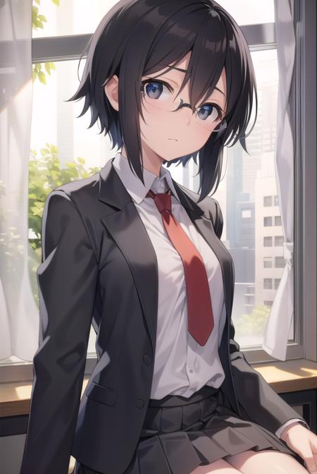 shinoasada, <lora:shinoasada-lora-nochekaiser:1>, 
shino asada, (black eyes:1.5), black hair, hair between eyes, hair ribbon, short hair, sidelocks, glasses, (small breast:1.2),
BREAK blazer, black jacket, black skirt, jacket, necktie, pleated skirt, red necktie, ribbon, school uniform, skirt, tress ribbon,
BREAK looking at viewer,
BREAK indoors, classroom,
BREAK <lyco:GoodHands-beta2:1>, (masterpiece:1.2), best quality, high resolution, unity 8k wallpaper, (illustration:0.8), (beautiful detailed eyes:1.6), extremely detailed face, perfect lighting, extremely detailed CG, (perfect hands, perfect anatomy),