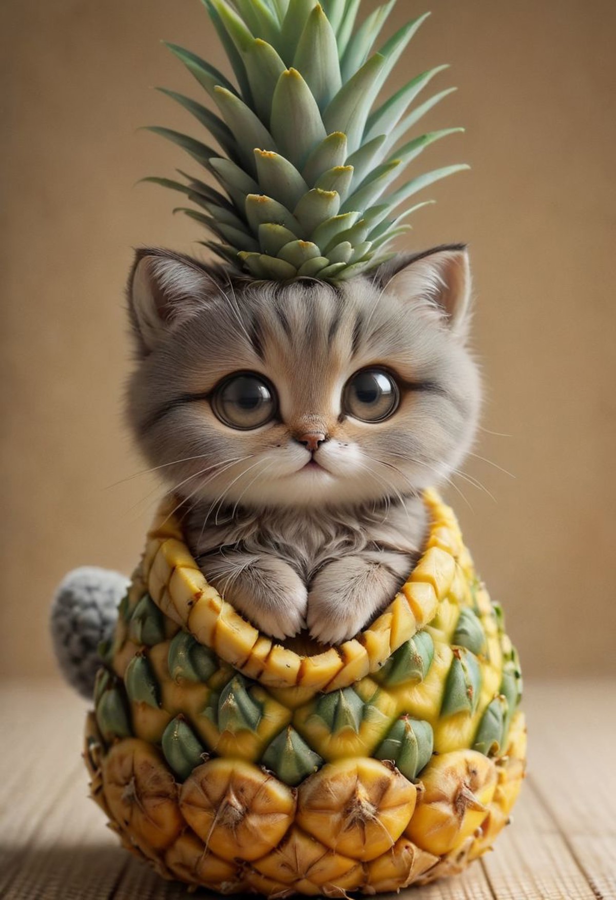 An award winning photo , a cute little baby cat,doing Yoga on a yoga matt in a pineapple costume,, (((cuteness overload)))...