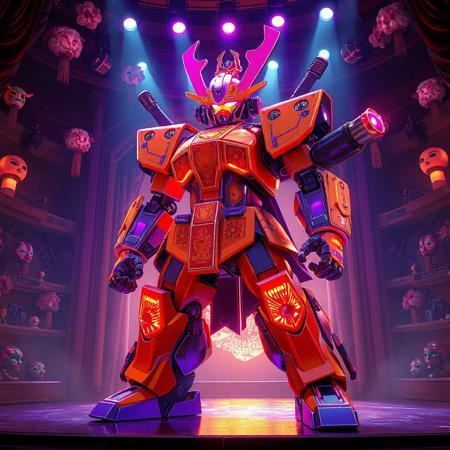 "Ultra-detailed 3D render of Superheavy Samurai Commander Shanawo, a towering mechanoid with a massive kabuto-style helmet glowing in vibrant tangerine and neon violet armor. Its compact torso features intricate Edo-period engravings, while the right arm mounts a colossal plasma cannon with glowing energy coils. Standing in a dynamic iaijutsu stance on the stage of the Abyss Playhouse - Fantastic Theater, surrounded by floating kabuki masks and shelves of retro mecha models. The theater boasts neon-lit proscenium arches, holographic cherry blossoms, and velvet curtains embroidered with circuit patterns. Dramatic Dutch angle shot with Unreal Engine 5 realism, Octane Render textures, and Raphael-style chiaroscuro lighting. Metallic surfaces reflect holographic spotlights, while splash ink effects blend with cel-shaded accents for a retro-futuristic aesthetic. 8K resolution, hyper-detailed facial sensors, ArtStation-trending composition, golden ratio framing, dominated by electric orange and royal purple with chromatic distortion flares."