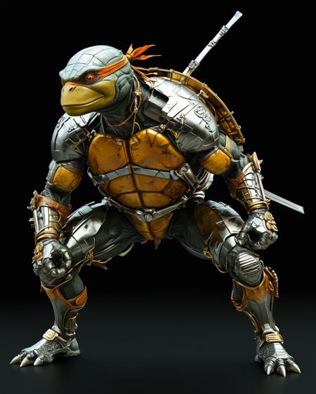 ninja turtle viewed from side, Roger Dean, silver, chrome, elegant, intricate,  golden ratio, viewed from the side, black background, <lora:xl_more_art-full_v1:0.5> <lora:add-detail-xl:0.75>  <lora:MJ52:0.4>