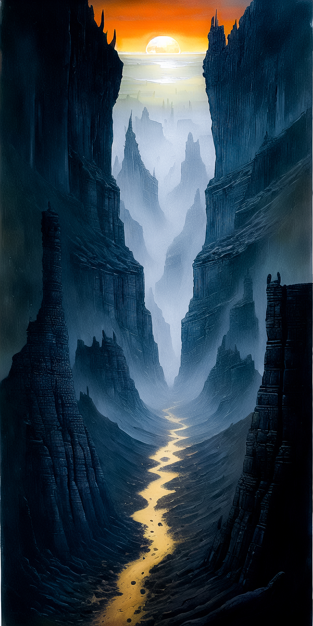 A beautiful painting of a mountain range with a shining pathway in the middle.
