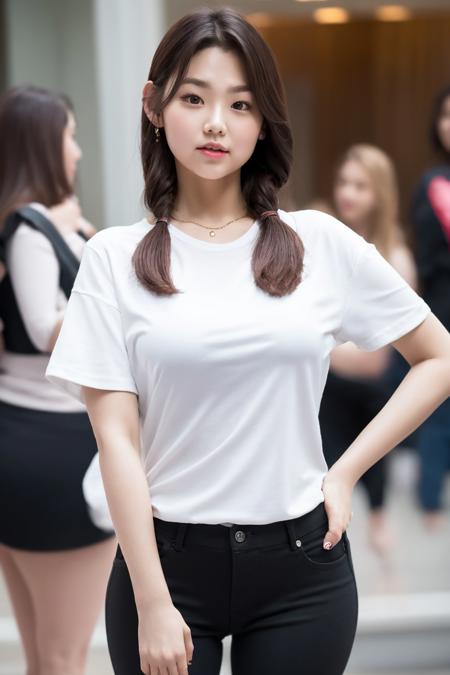 masterpiece, best quality,closed mouth, looking at viewer,  alluring, clean, beautiful face, pure face, pale skin, little smile, a woman in a white shirt poses for a picture with her hands on her hips and her hair in a ponytail, wearing a black pants and a white shirt, <lyco:kang_mina:1>,