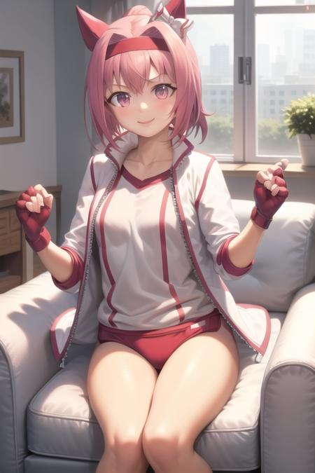 masterpiece,best quality, 1girl,solo,haru urara,gym uniform,jacket, shirt,red buruma, fingerless gloves,flat chest,smile,living room,window,,(bandaid on leg:0.5)
<lora:haru_urara_lohav9-000075:0.85>