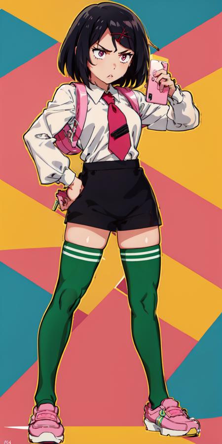 (masterpiece, best quality:1.2), <lora:rcg_misako-10:0.8>, full body, solo, 1girl, misako \(rcg\), angry, holding phone, white shirt, shirt tucked in, long sleeves, necktie, black shorts, green thighhighs, pink footwear, pink backpack