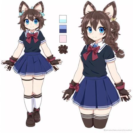 <lora:furry_model_sheet2:1.0>,  solo, model sheet, multiple views,  anthro, furry,

 1girl, ahoge, blue eyes, bow, braid, brown hair, fingerless gloves, gloves, hair bow, hair ornament, honeycomb background, looking at viewer, pleated skirt, school uniform, serafuku, single braid, skirt, solo, white background