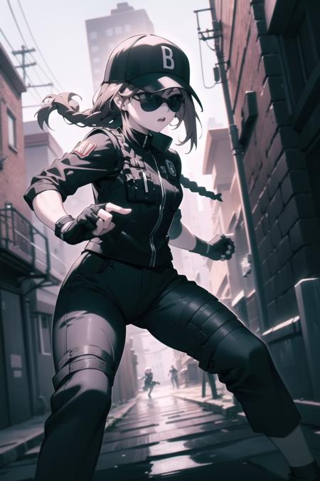 <lora:ash-000037:1> asop, asdef, black jacket, black shirt, vest, pants, black pants, fingerless gloves, baseball cap, sunglasses,
1girl, fighting stance, alley, dynamic angle