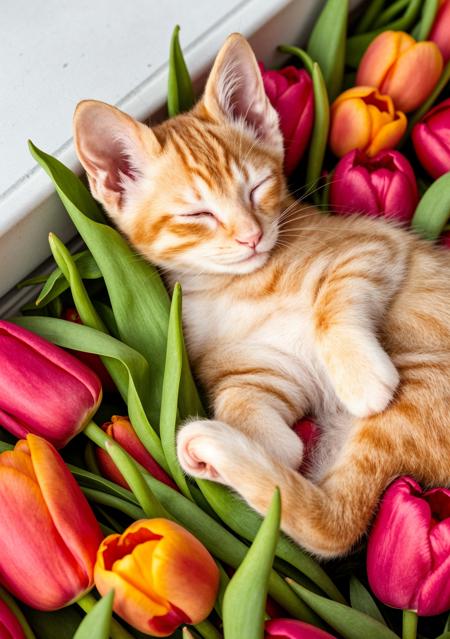 one solo ginger kitten sleeping on his side, in a bed of tulips, vivid colors, serene, tranquil