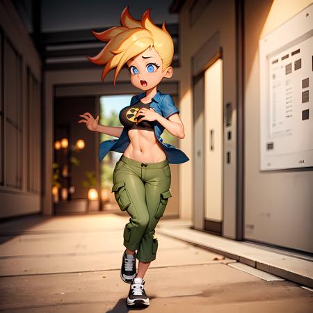 ((masterpiece, best quality)),(complex light),1girl, solo, full body, jenny test,  <lora:FemaleJohnnyTest4XXL:0.6>,blonde hair,blue eyes, pants, running, midriff, open shirt, short hair,