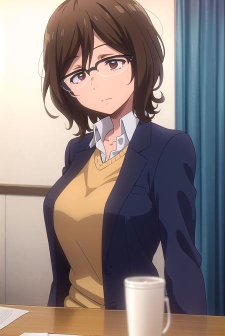 owarihajime, <lora:owari hajime s2-lora-nochekaiser:1>,
owari hajime, brown hair, (brown eyes:1.5), glasses, over-rim eyewear,
BREAK skirt, shirt, jacket, formal, suit, office lady,
BREAK indoors,
BREAK looking at viewer,
BREAK <lyco:GoodHands-beta2:1>, (masterpiece:1.2), best quality, high resolution, unity 8k wallpaper, (illustration:0.8), (beautiful detailed eyes:1.6), extremely detailed face, perfect lighting, extremely detailed CG, (perfect hands, perfect anatomy),