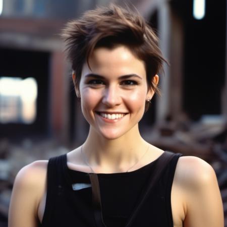 <lora:allysheedy_sdxl:1>  allysheedy, close up portrait photo of 26 y.o woman, with a half smile,  in wastelander clothes, Pixie with Nape Undercut, pale skin, slim body, background is city ruins, (high detailed skin:1.2), 8k uhd, dslr, soft lighting, high quality, film grain, Fujifilm XT3