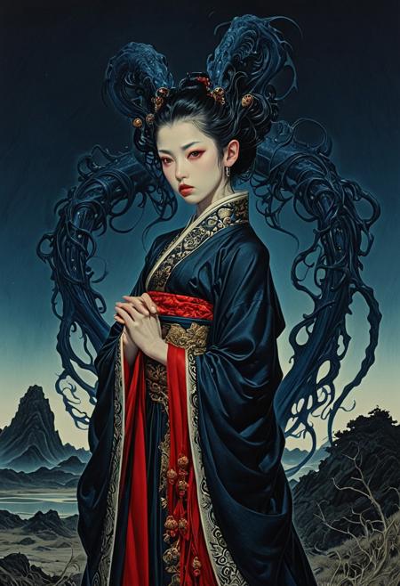 DRAWING of a realistic woman, portrait, Zephyra is an enchanting vision,  (masterpiece), [ArsMJStyle, Colored pencil hyperdetailed realism], pinup_model, A figure dressed in ornate, traditional Japanese attire stands confidently in a moody, desolate landscape. The clothing features intricate patterns in deep red and gold, with flowing elements that add elegance. The character with additional sculptural features extending outward, resembling multiple arms or tendrils. The background is a surreal blend of dark blues and purples, with ominous silhouettes that hint at a haunting atmosphere. The scene captures an otherworldly essence, combining elements of mythology and fantasy
