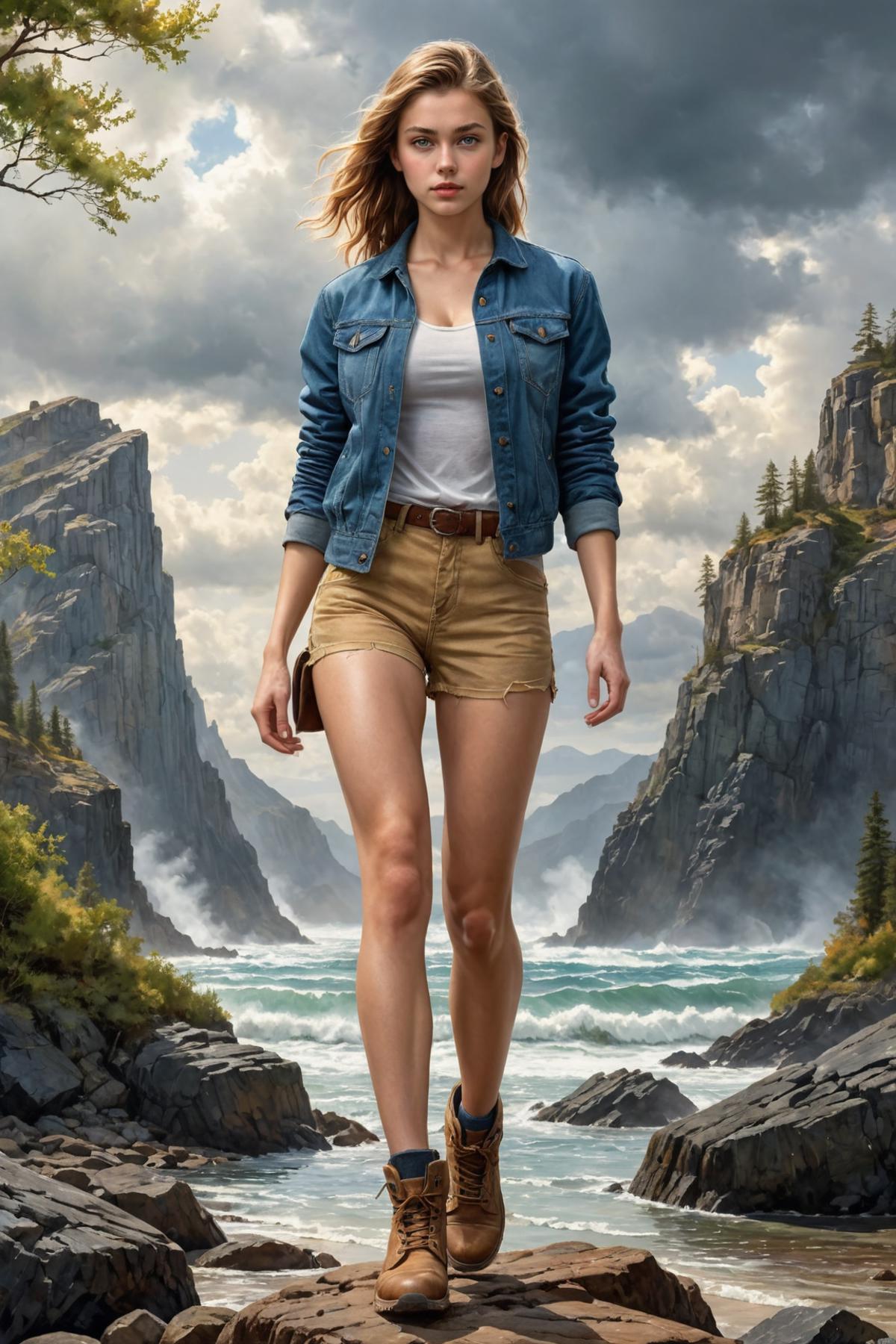 A woman wearing a blue jacket and khaki shorts is walking by the water.