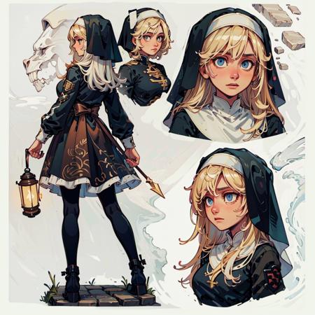 (CharacterSheet:1),1girl, nun, white long hair, blue eyes, big breast, lantern, (multiple views, full body, upper body, reference sheet:1), back view, front view,
(white background, simple background:1.2),(dynamic_pose:1.2),
(masterpiece:1.2), (best quality, highest quality), (ultra detailed), (8k, 4k, intricate), (50mm), (highly detailed:1.2),(detailed face:1.2), detailed_eyes,(gradients),(ambient light:1.3),(cinematic composition:1.3),(HDR:1),Accent Lighting,extremely detailed,original, highres,(perfect_anatomy:1.2),
 <lora:CharacterDesign_Concept-10:0.55> <lora:996benshiLora_v10:0.8>