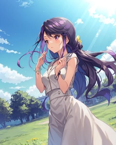 1girl, ruri, purple hair, bracelet, long hair, 
outdoors, park, grass,  
blue sky, sun, sun rays, 

<lora:Ruri v2 e6:0.75>