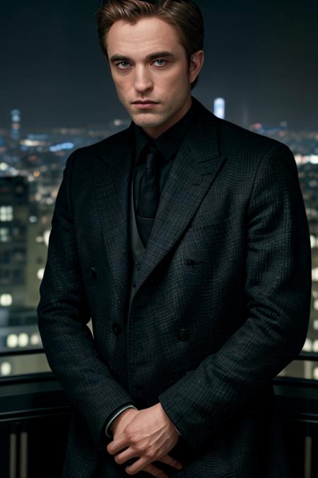 a man in a dark suit <lora:r0b3rtp4tt1ns0n:1> looking over the city at night, cinematic blue lighting, 8K, RAW, HD, stunning masterpiece