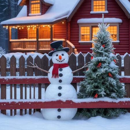 snowman near a wooden fence with cardinals, background Christmas tree and snowy house, illuminated with smoke coming out of the chimney
