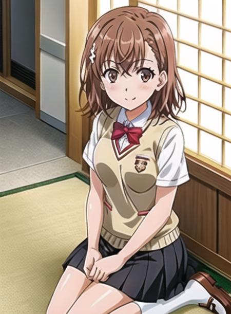 MisakaMikoto-2600:0.7,misaka mikoto, highres,(masterpiece_1.0),(best quality_1.0),(seiza),(sitting),(on knees),1girl,smiling