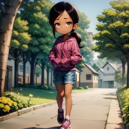 ((masterpiece, best quality)),(complex light),solo, full body, 1girl, ronnie anne, dark skin, tan, freckles, hoodie, <lora:ronnie_anne1-2_0607:0.6>, low ponytail, shorts , forest, walking,