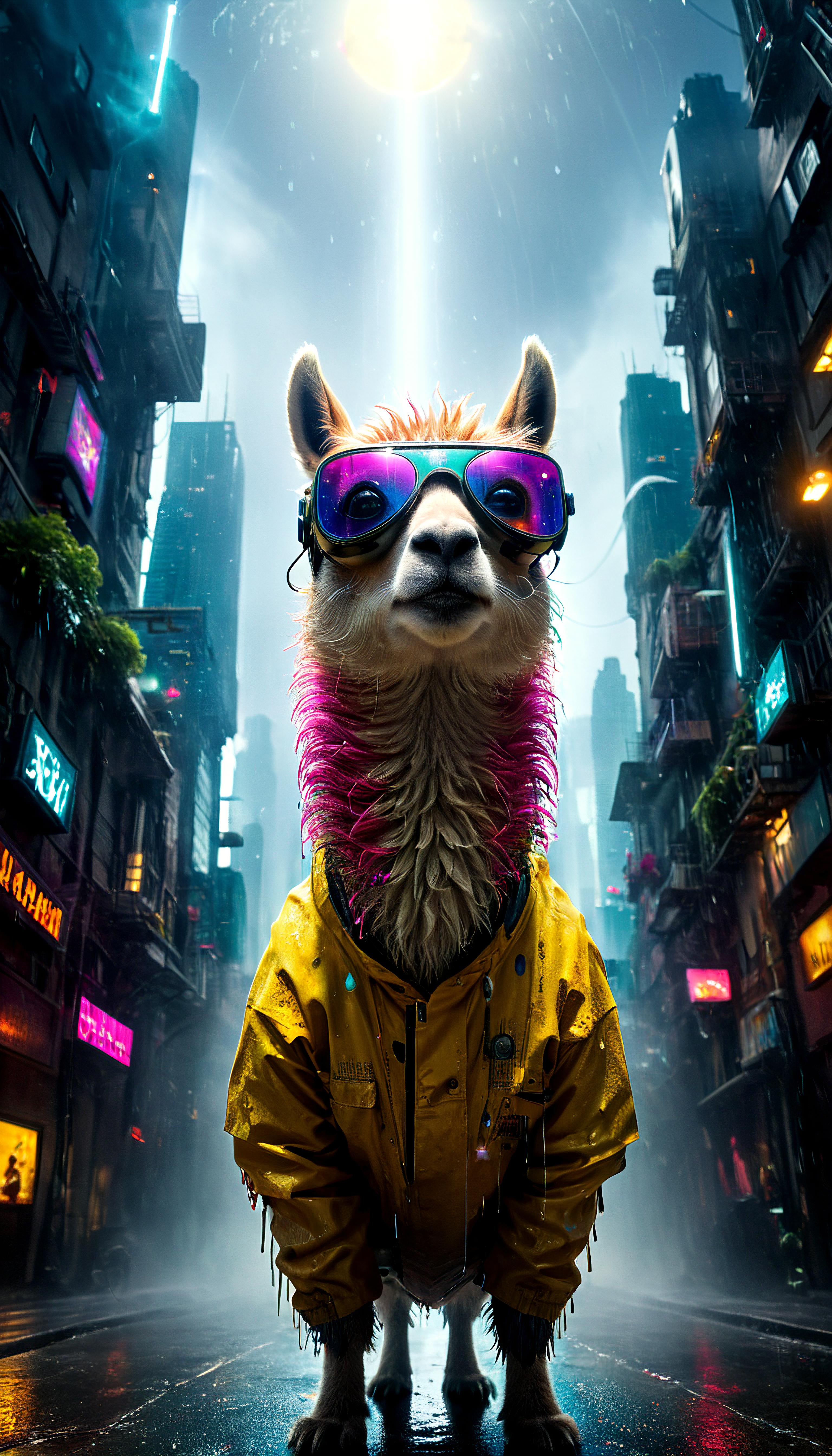 A Llama with a Rainbow Mohawk and Sunglasses in a Futuristic Cityscape