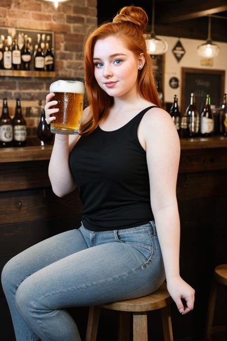 [Female] 20 year old woman, pale skin, medium-length ginger hair in bun, anatomically correct, matte skin, pretty, cute, small hands, natural curvy body, plump, overweight, fat arms, thick thighs, jeans, black tshirt, sitting on barstool, next to bar, slight smile, seductive gaze, (drinking beer, beer in hand),  hd, digital photograph, f2.8, depth of field, bokeh, masterpiece, best quality:1.4, high resolution:1.4, photorealistic:1.4, <lora:filmgrain_slider_v1>  zishy, girlfolio, breathtakers, yanks, ersties, idols69, enf, cmnf, wnbr, bts, fkk