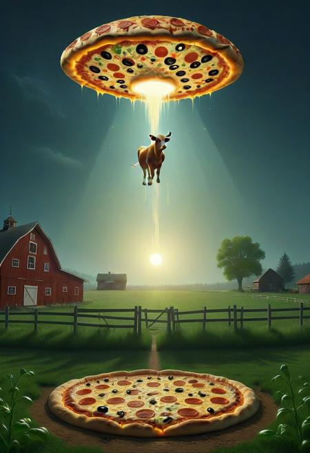 A whimsical and highly detailed illustration of a flying pizza spaceship abducting a cow in a farm setting. The pizza UFO is circular with a crust as its outer rim and melted cheese with various toppings forming the main body, emitting a glowing beam of light from its center. The cow is being gently lifted by the beam, with a surprised and comedic expression. The farm scene below features a green pasture, a classic wooden fence, and a barn in the background under a twilight sky. The artwork has a humorous and playful tone, with vibrant colors and dynamic lighting highlighting the absurd yet fun scenario., pizzasdx