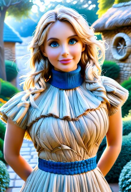 European women, Large breasts, long hair, blond hair, older female, score_9, score_8_up, score_7_up, score_6_up, score_5_up, score_4_up, cose-up, face focus, UHD, 8K, masterpiece, detailed, ultra_high_resolution, lots of detail, OverallDetailXL, detailxl, regalres, Masterpiece, 32k, photorealistic:1.4, score_9, score_8_up, score_7_up, Caitlin, (small waist:2.7), fitness body, toned muscles, wide hips, slender legs, high cheekbones, oval face, 26 years old, mature female, milf, makeup, curvy, garden, pretty face, SUPERMODEL, jewelry, dress made of straw, solo, lillybunz, big bright eyes:, beautiful eyes, brown eyes, fully dressed, high turtle neck, straw winter coat, outdoors, hands hidden, short sleeves, hands behind the back, <lora,:Straw thread:1.95)>, dress made from straw, straw. wrinkles, blonde, smiling, 1girl, blue eyes.